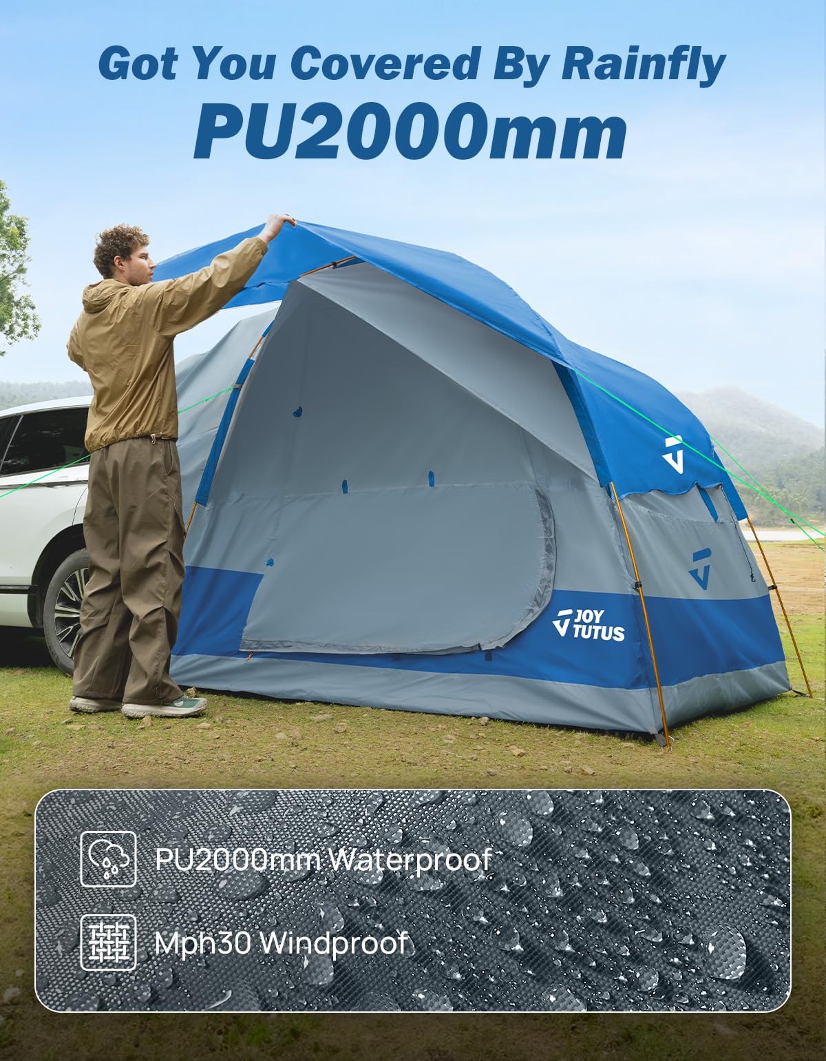 JOYTUTUS SUV Tent for Camping with Rainfly, Double Door Design Car Tent with Aluminum Poles, SUV Tailgate Tent with Waterproof PU2000mm Double Layer for 4-8 Person, Blue
