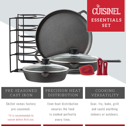 Cuisinel Cast Iron Cookware Set + Accessories - Skillets with Glass Lids + Pizza Pan + Pan Organizer Rack + Cleaning Scrub Brush