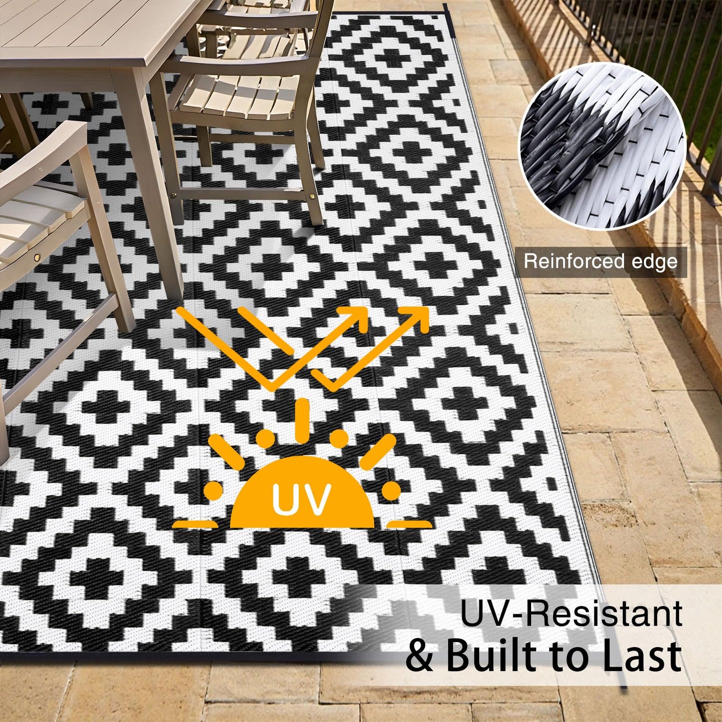 OLANLY Waterproof Outdoor Rug 9x18 ft, Outdoor Plastic Straw Rug for Camping, RV Mat Outside, Indoor Outdoor Carpet for Porch, Deck, Backyard, Balcony, Picnic, Black & White