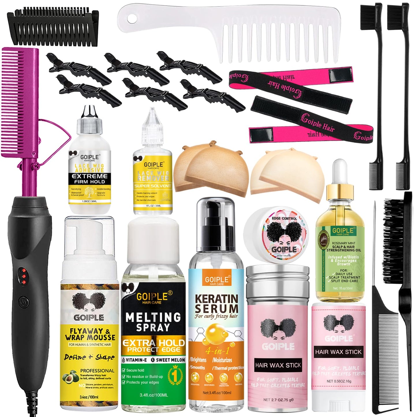 Goiple Electric Hot Comb Pink Hair Straightener Electrical Straightening Comb Curling Iron for Natural Black Hair Wigs with Wide Tooth/Rat Tail Comb, Wax Stick, Wig Cap, Edge Band, Hair Clips