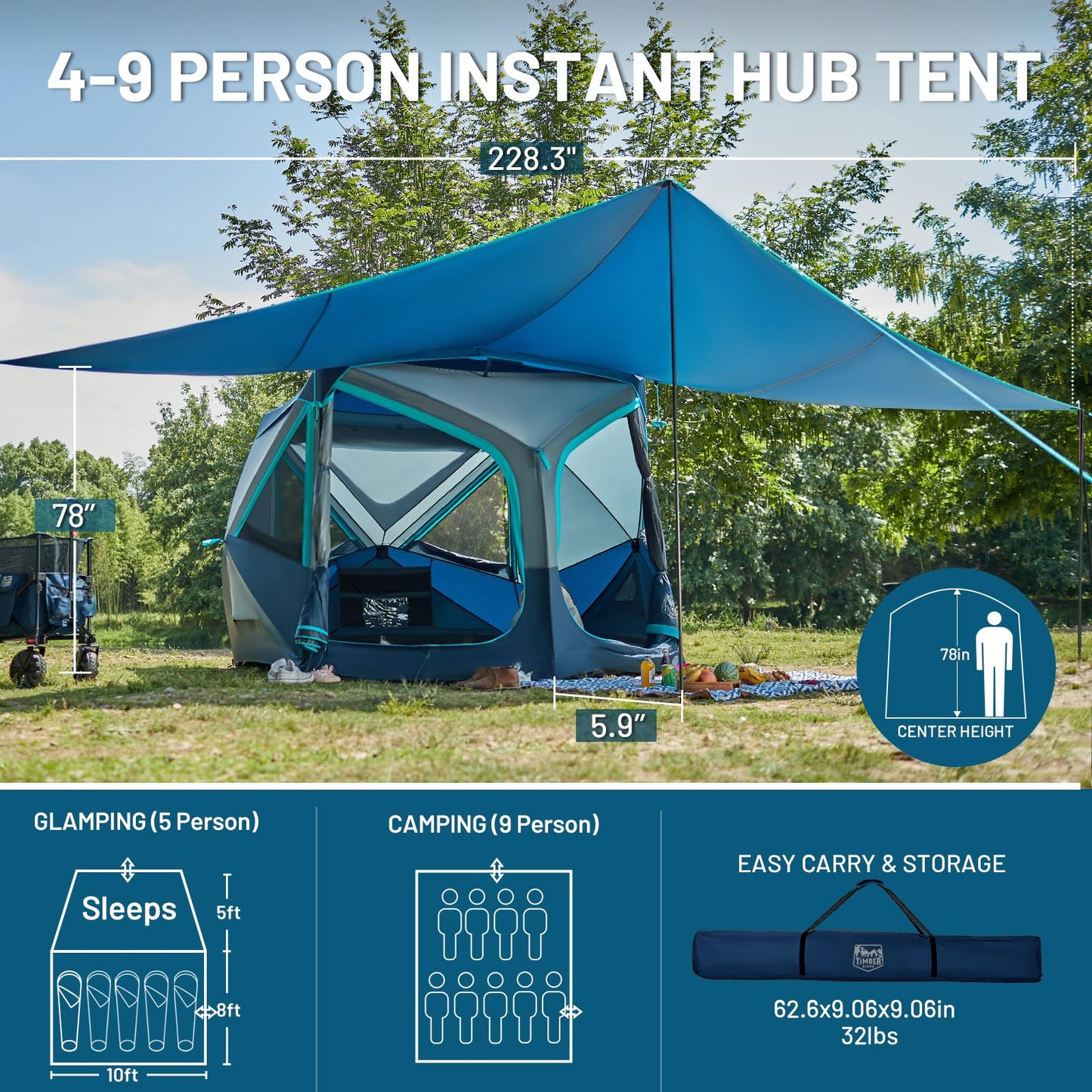 Timber Ridge 4-5 Person Instant Pop Up Cabin Hub Tent, 60S Easy Setup, Weather Resistant Family Tent with Rain Fly and Carry Bag for Outdoor Camping, Blue