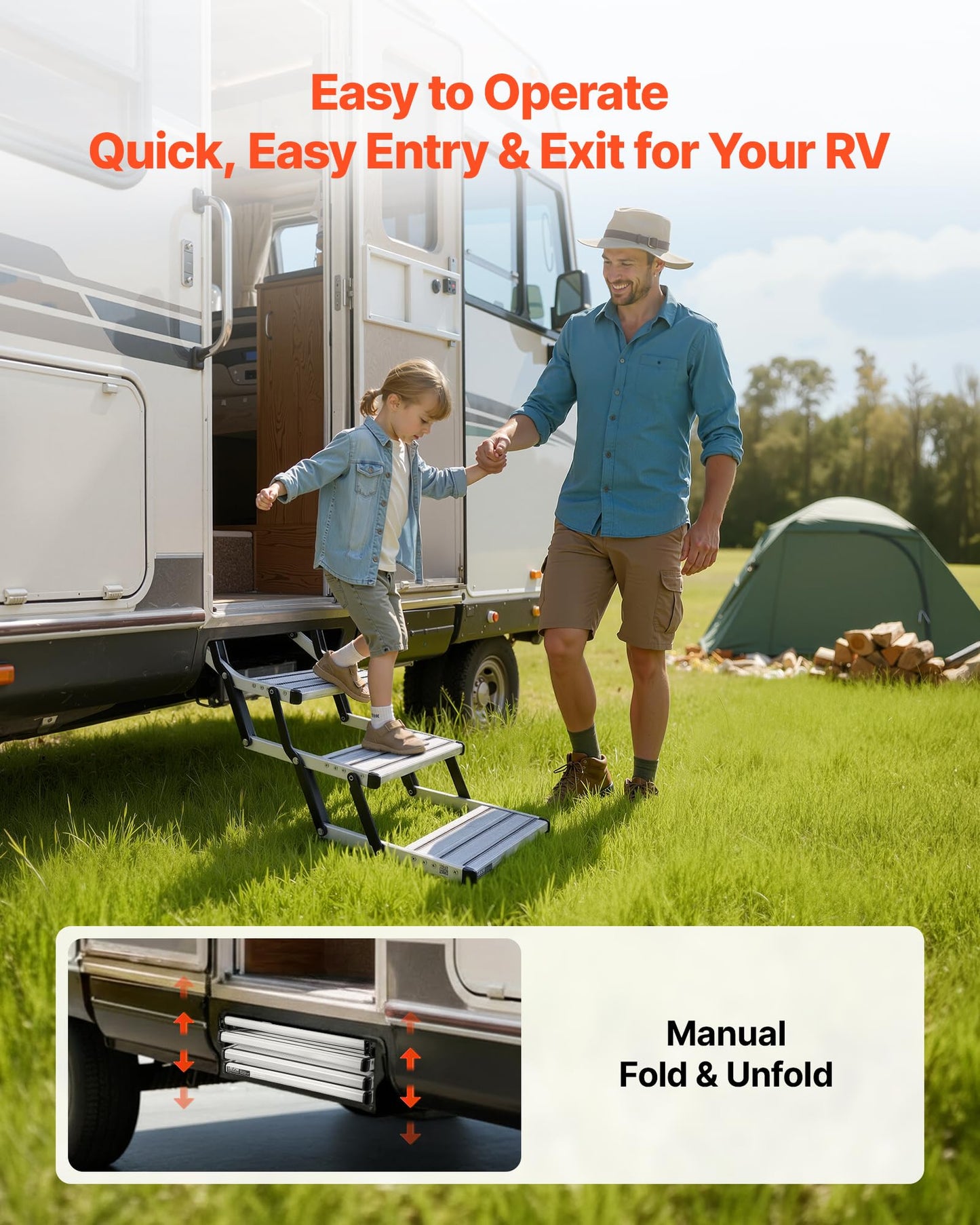VEVOR RV Steps, 3-Step, 440 lbs Load Capacity, Manual Retractable RV Stairs, Telescopic Folding Aluminum Alloy Camper Steps, Steel Frame Non-Slip Entry Stairs for Camper Van Motorhome Travel Trailer