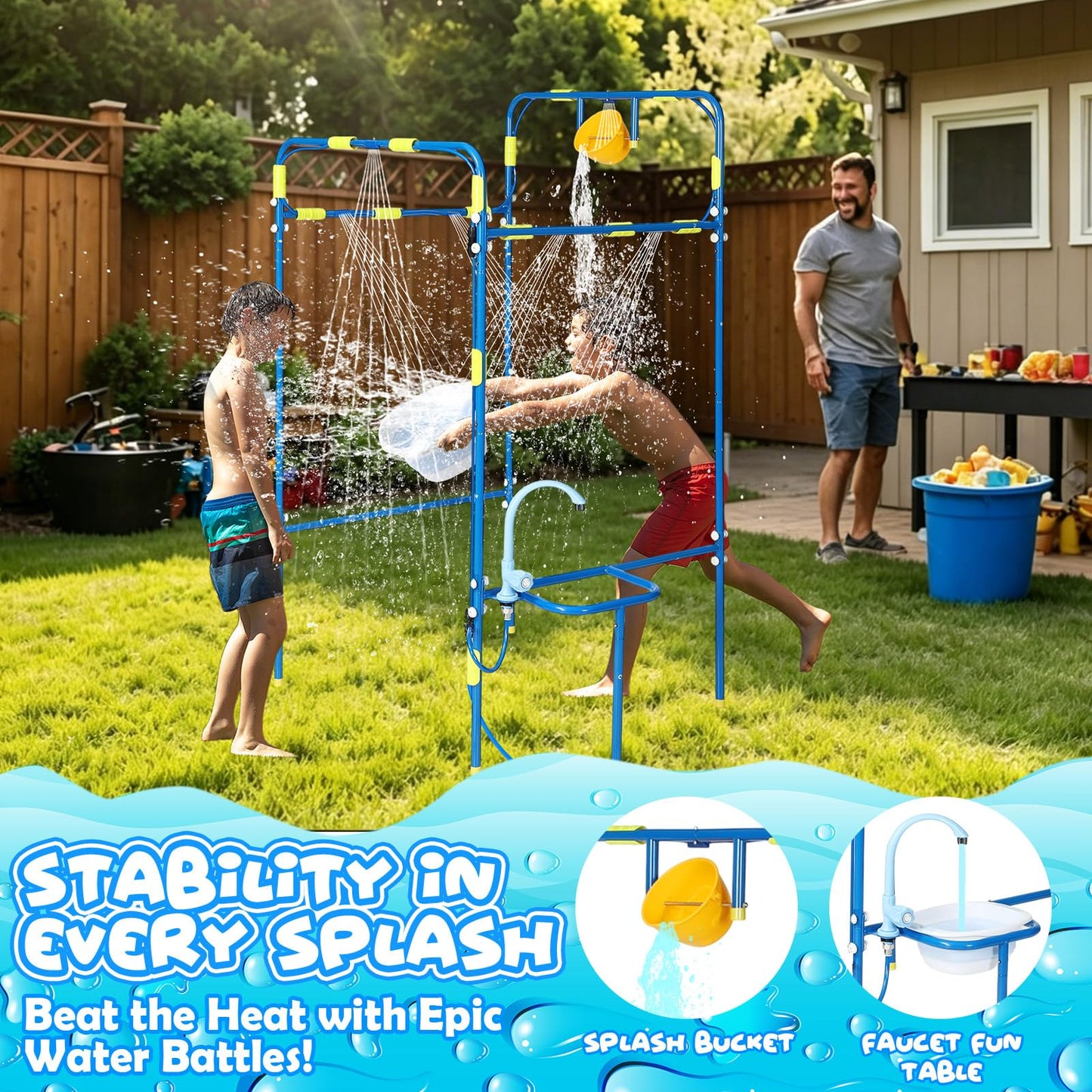 THISWUW Backyard Waterpark for Kids, Heavy-Duty Steel Water Park Sprinkler Toy Game with Splash Buckets, Collapsible Wash Basin & Water Faucets, Water Play Activities Outdoor Summer Toys