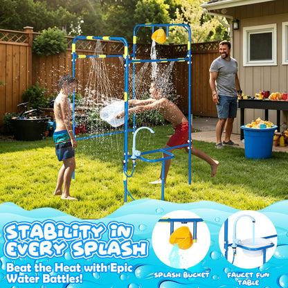 THISWUW Backyard Waterpark for Kids, Heavy-Duty Steel Water Park Sprinkler Toy Game with Splash Buckets, Collapsible Wash Basin & Water Faucets, Water Play Activities Outdoor Summer Toys