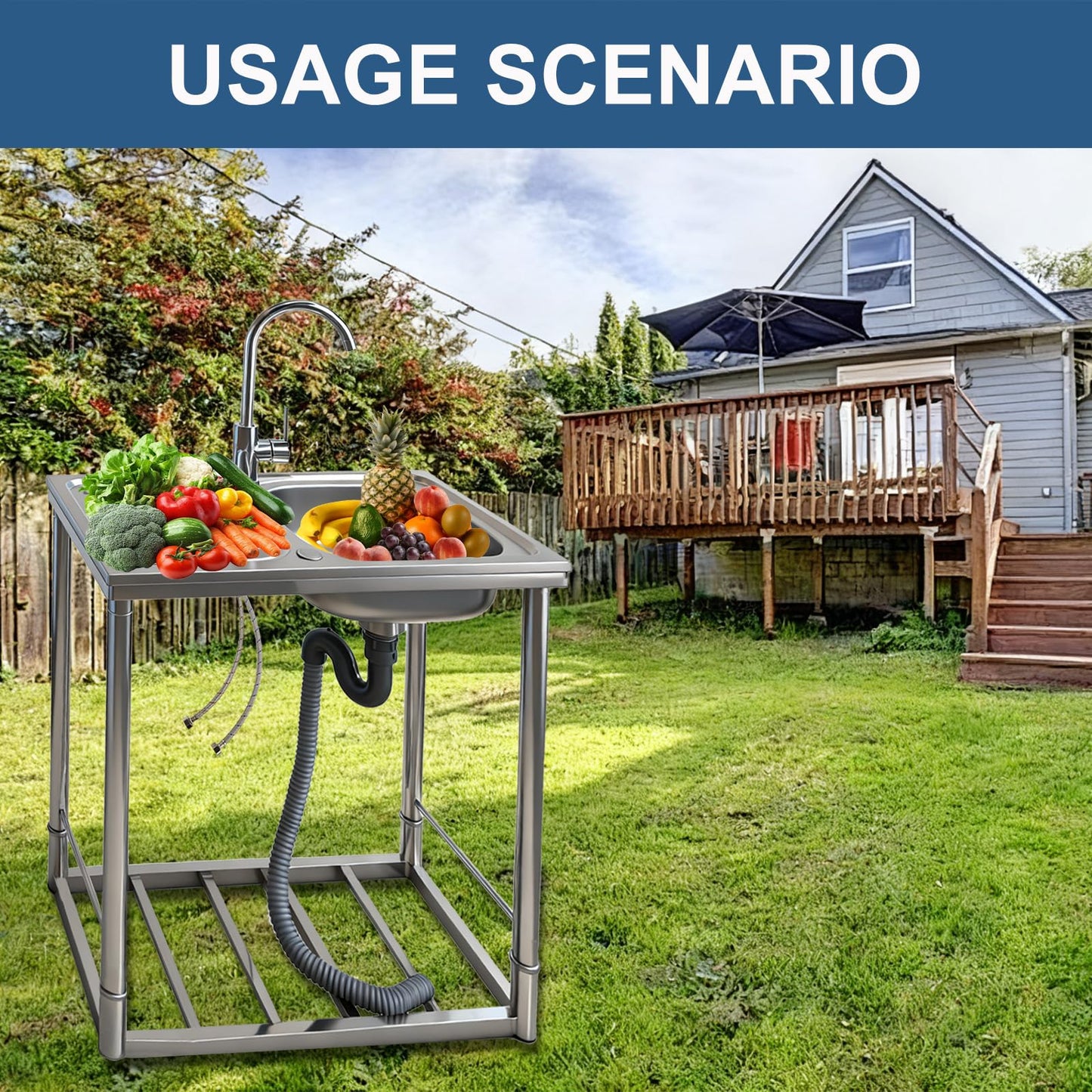Outdoor Sink with Hose Hook Up, Free Standing Stainless Steel Utility Sink, Single Bowl Portable Sink Hand Wash Station for Camping, Backyard, Garden, Kitchen, Garage