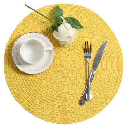 SHACOS Round Braided Placemats Set of 4 Washable Kitchen Table Place Mats Doilies Table Mats for Home Wedding Party Dining Table Decor (Yellow, 4)