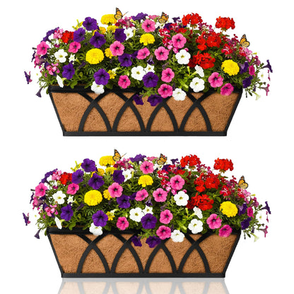 Flat Railing Planter Window Box Wall Hanging Planters (2 Pack, 24 Inch) Balcony Fence Planter with Coco Liner, Horse Trough Planter Metal Window Planter Box for Outdoor Plant Holder Rail Deck