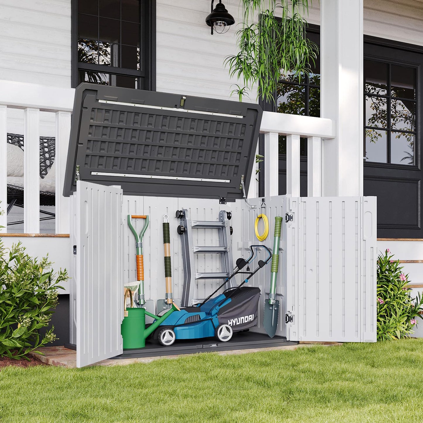 Aoxun Outdoor Storage Cabinet 35 Cu.Ft Resin Waterproof Horizontal Storage Shed for Garbage Bin, Generator, and Lawn Mower (White)