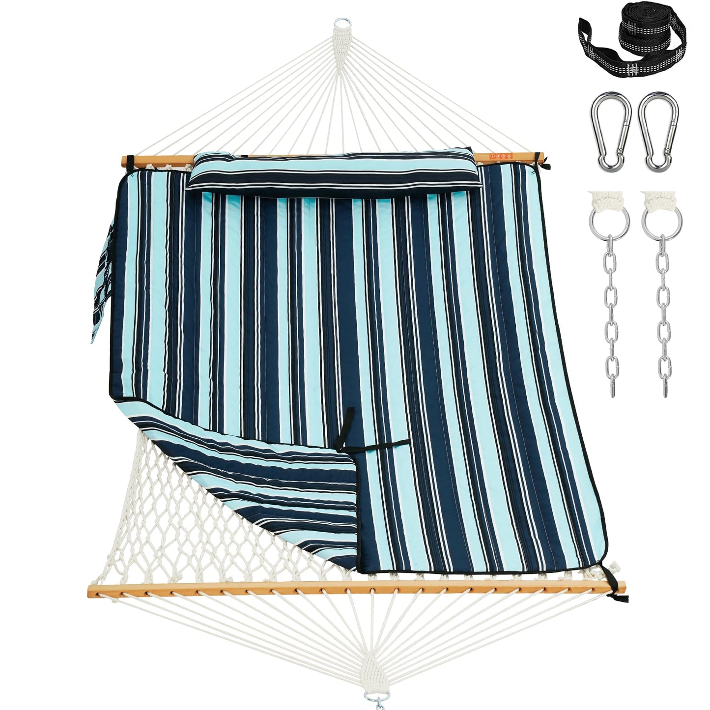 Lazy Daze Hammocks Rope Hammock with Pad, Spreader Bar, Carabiners, Tree Straps, Chains for Outside Patio- Max 450 Lbs, Dark Blue Stripes