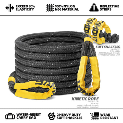 SAMOUT Kinetic Reflective Recovery Rope (48000Lbs 1in x 30ft), Extreme Duty 30% Elasticity Energy Snatch Strap for 4x4 Offroad Vehicle (1in * 30ft Recovery Rope with Soft Shackle)