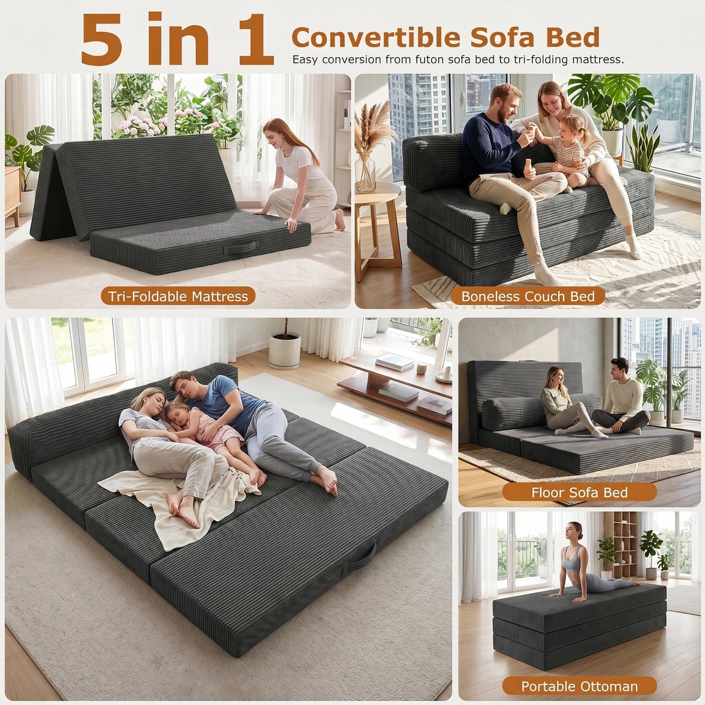JUIKURY 5 in 1 Foldable Floor Sofa Bed, Tri-Fold Memory Foam Futon Mattress, Convertible Sleeper Couch Guest Bed, Portable Fold Out Sofa Couch for Living Room Apartment Office Guest Room