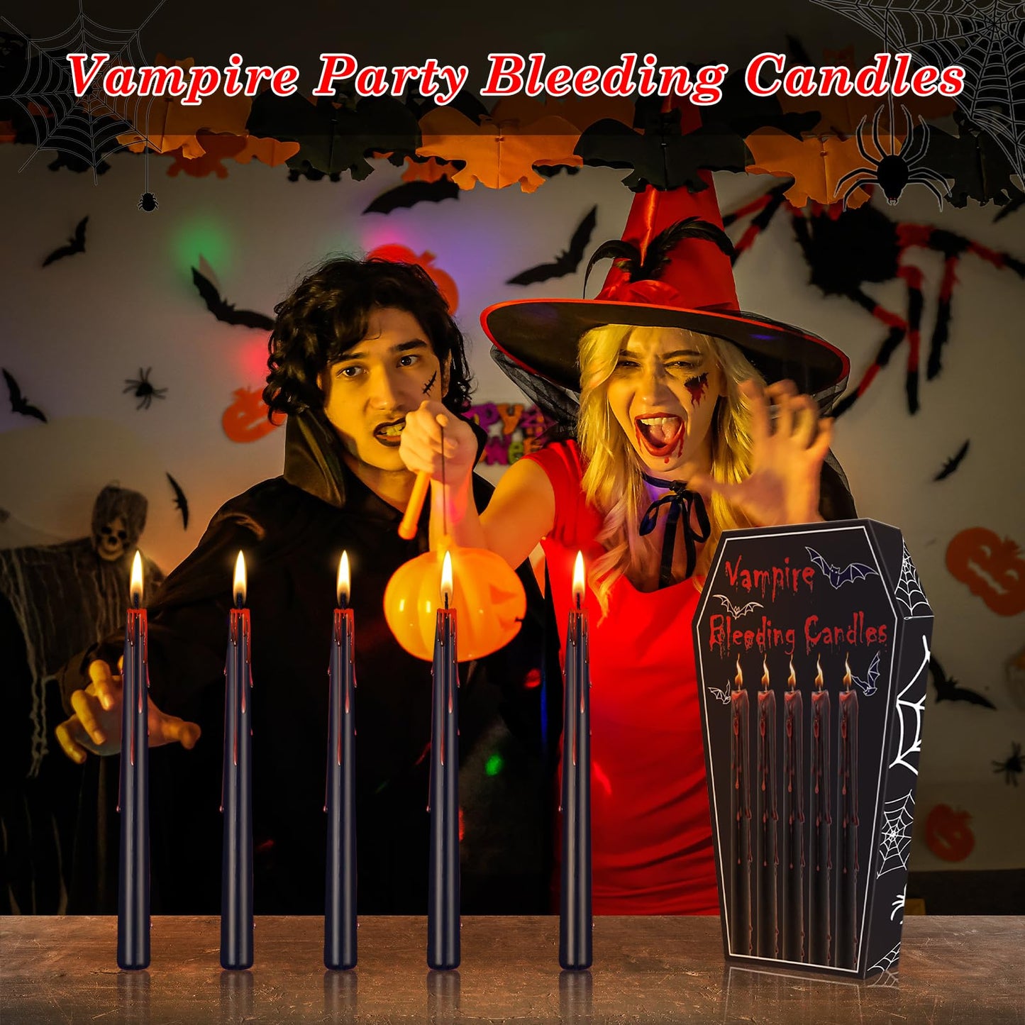 Kenburg Halloween Bleeding Candles Set of 5, 10 in Vampire Tears Black Taper Candles for Home Decor, Gothic About 8 Hour Burn, Party Spooky Decorations
