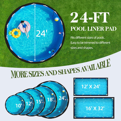Poolergetic 24-Foot Pool Liner Pad for Above Ground Pools, Round Under Pool Mat Prevents Puncture, Weed Barrier, Extend Liner Life, Black