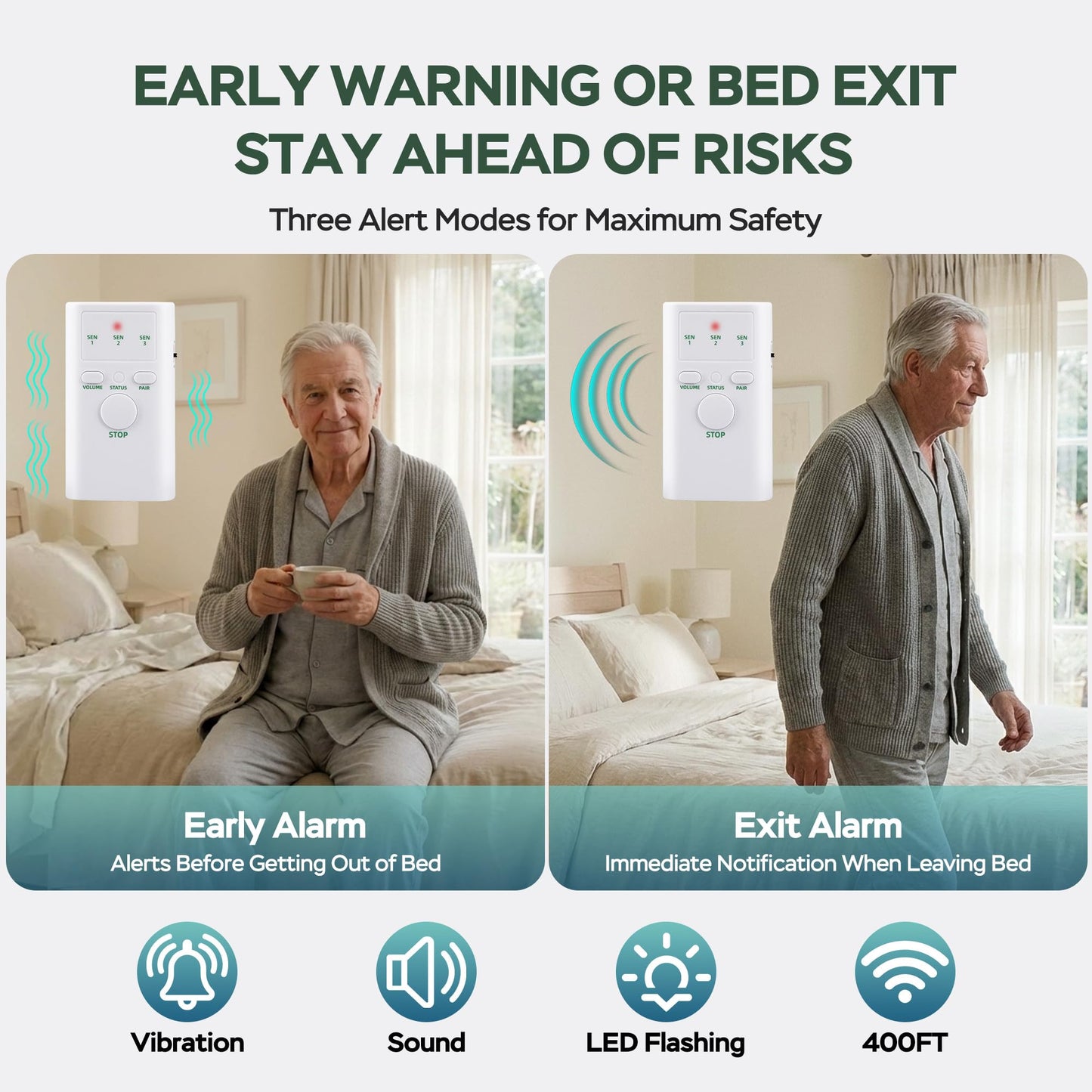 Wireless Bed Alarm for Elderly Dementia Patients - Large & Wide Under-Mattress Sensor Pad with Pager, Early & Exit Alert Modes, Fits All Thick and Thin Mattresses, Effectively Reduces False Alarms