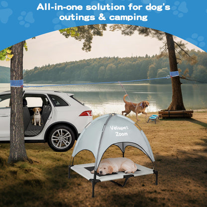 Velupet Zoom 4-in-1 Pet Travel & Outdoor Set, Include 48in Gray Elevated Dog Bed with Canopy, Dog Canopy Bed, Pet Back Seat Cover, 50ft Tie Out Cable, Collapsible Double Pet Bowls