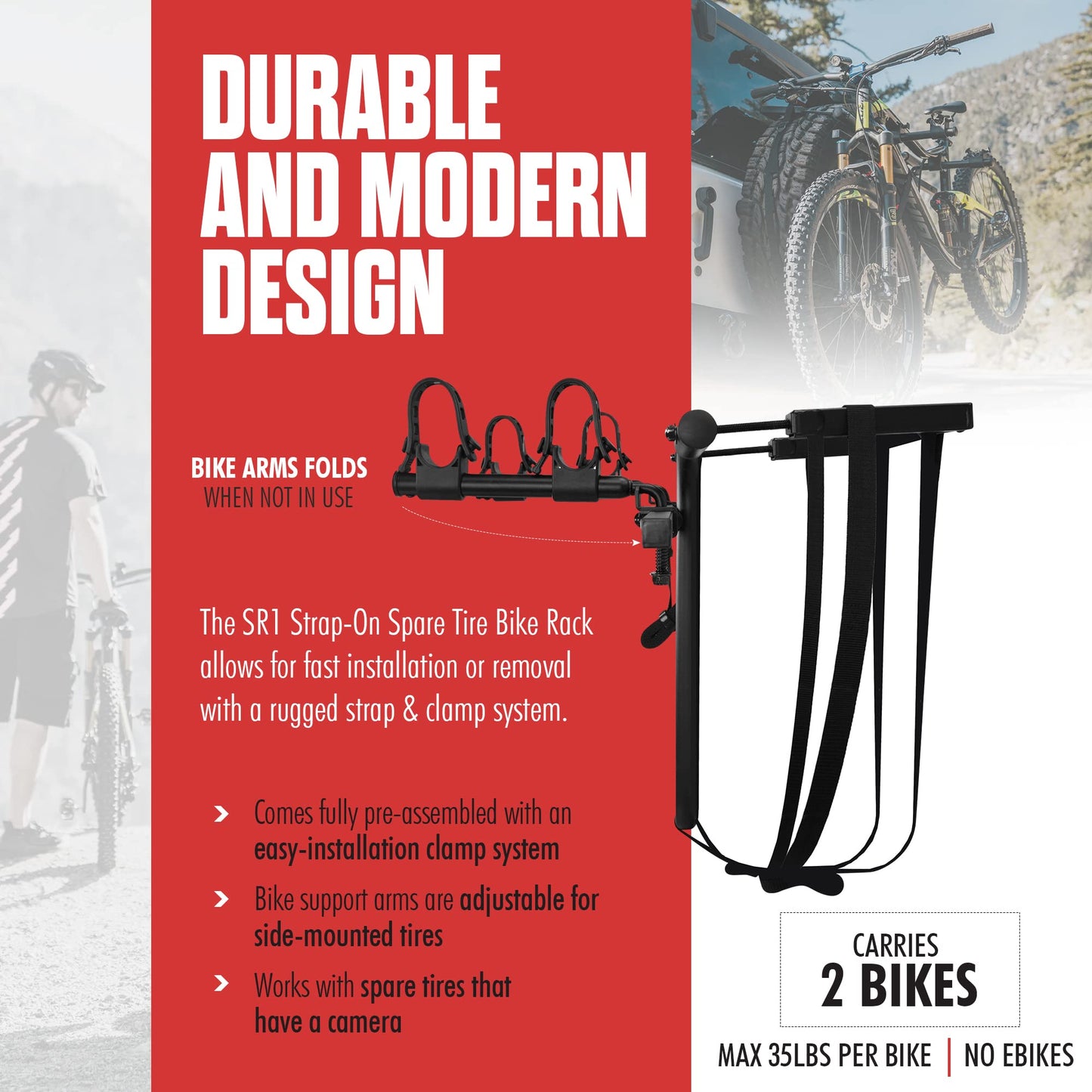 Hollywood Racks SR1 Spare Tire Bike Rack for Car for 2 Bikes, Up to 35 Lbs Each - Adjustable Rear Bike Rack for SUV, Jeep to fit Most Spare Tires - Bicycle Accessories for Adult Bikes