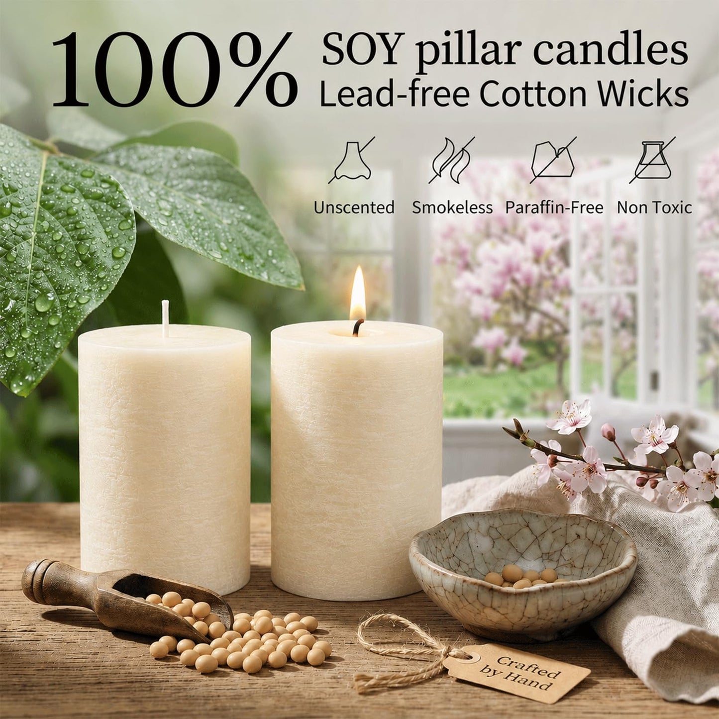 4 Pack Soy White Pillar Candles,Natural Soybean Pillar Candles,55 H Long Lasting Burning-Unscented,Dripless and Smokeless Rustic White Hand-Poured Candles Dinner Table,for Wedding,Home Decor 2.8x4in