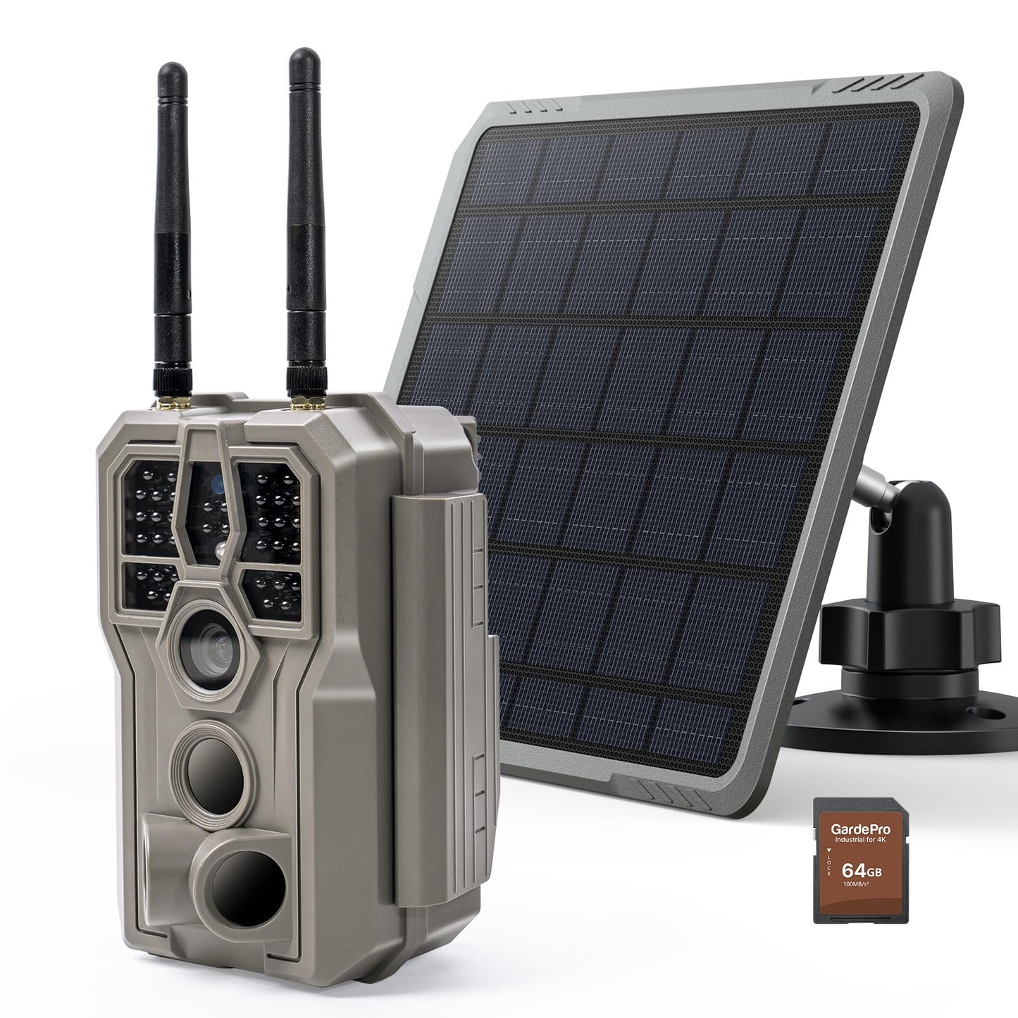 GardePro E8 2.0 WiFi Trail Camera (Non-Cellular) with 5200mAh Battery Solar Panel, 4K Video & 64MP Photo, 64GB SD Card, Dual Antennas, Stable Connection, On-Site App Viewing, Motion Activiated
