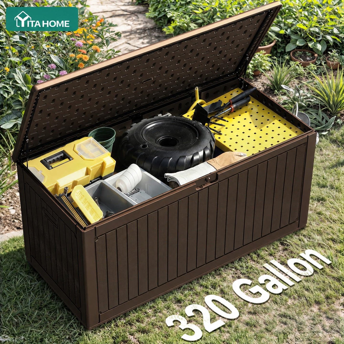 YITAHOME 320 Gallon Extra Large Deck Box, Double-Wall Resin Outdoor Storage Box with Flexible Divider for Patio Cushions Pool Supplies Garden Tools, 1000lbs Load Capacity, Lockable&Waterproof (Brown)