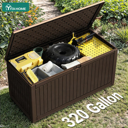 YITAHOME 320 Gallon Extra Large Deck Box, Double-Wall Resin Outdoor Storage Box with Flexible Divider for Patio Cushions Pool Supplies Garden Tools, 1000lbs Load Capacity, Lockable&Waterproof (Brown)