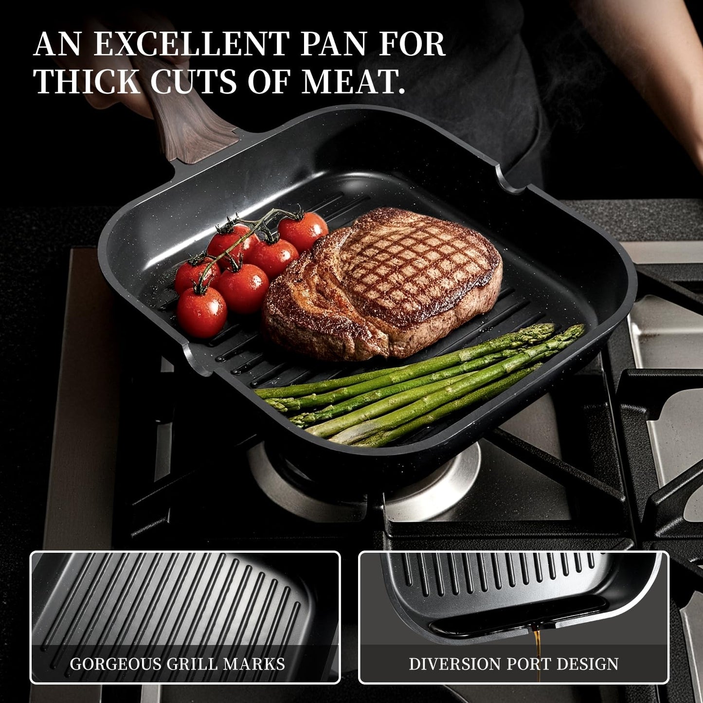 Kikcoin 16Pcs Ceramic Pots and Pans Set Non Stick, Includes a 9.5" Grill Pan, Induction Kitchen Cookware Sets, Black Nonstick RV Kitchen Camping Cooking Sets Stackable (PTFE, PFOS, PFOA Free)