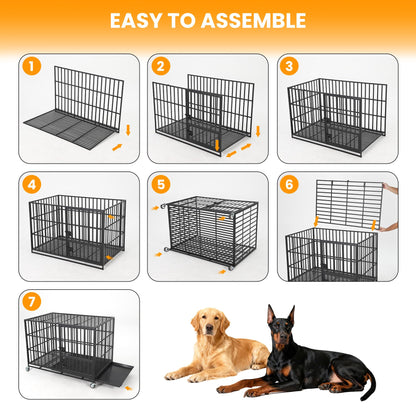 GarveeHome 49" Heavy Duty Metal Dog Crate - Escape Proof Kennel with Wheels, 3-Door Large Dog Cage & Removable Tray for Large and Medium Breed Dogs, Black