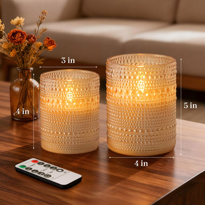 Velsyn Dotted Glass Flameless Candles with Remote Timer, Real Wax Battery Operated LED Pillar Candles with 3D Flickering Flame for Festival Wedding Home Party Decor, 3" x 4", 4" x 5", Set of 2 (Gold)