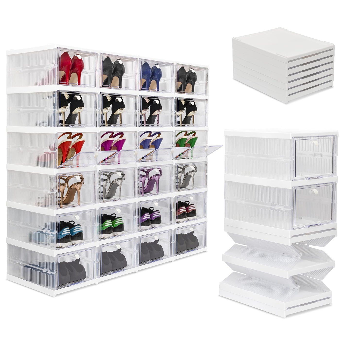 Wondersome Collapsible Shoe Rack Organizer - 24-Compartment Clear Door Storage Containers - Sturdy, Foldable Shoes, Boots, Sneaker Display Cabinet - Stackable Cube Shelf Organization - US-Based Brand