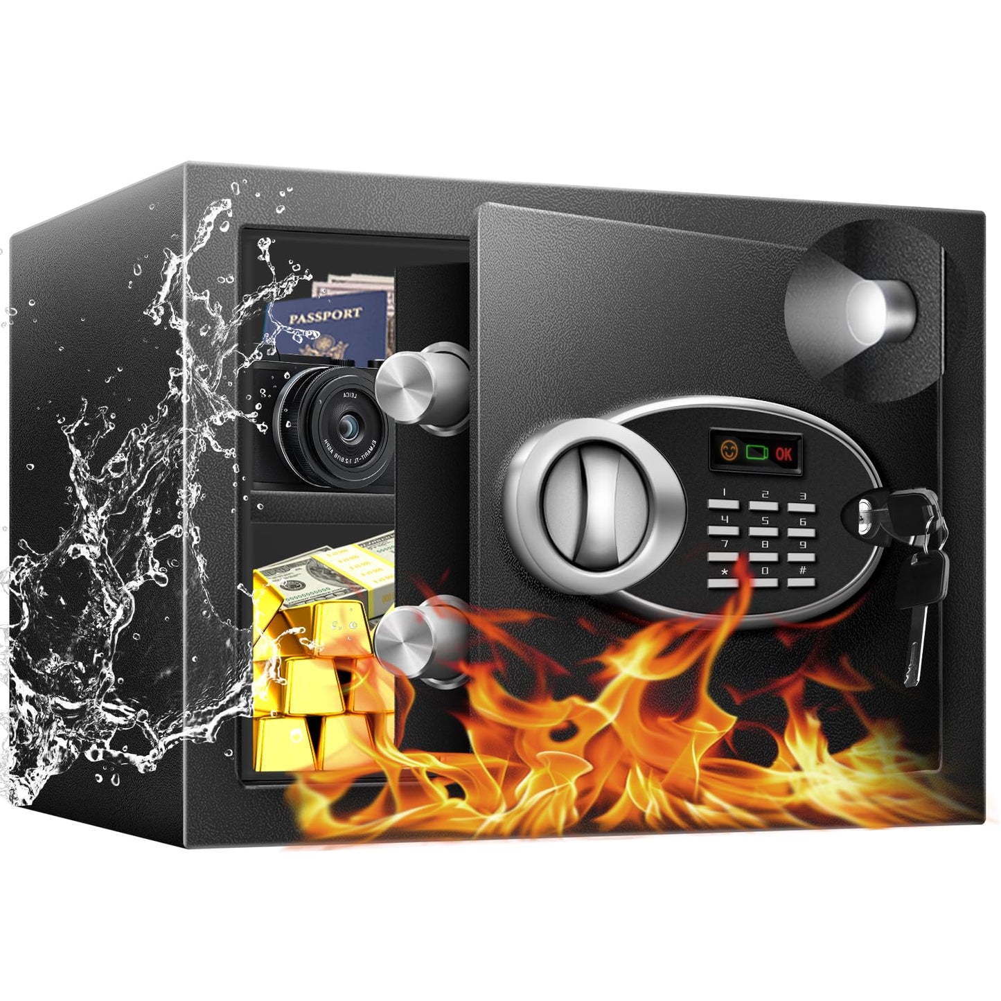 11.81" Tall Safe Box with Fireproof Waterproof for Documents - Steel Security Personal Safe with Digital Electronic Keypad, Emergency Battery Box & Combination Lock, Safety Box for Valuables Money