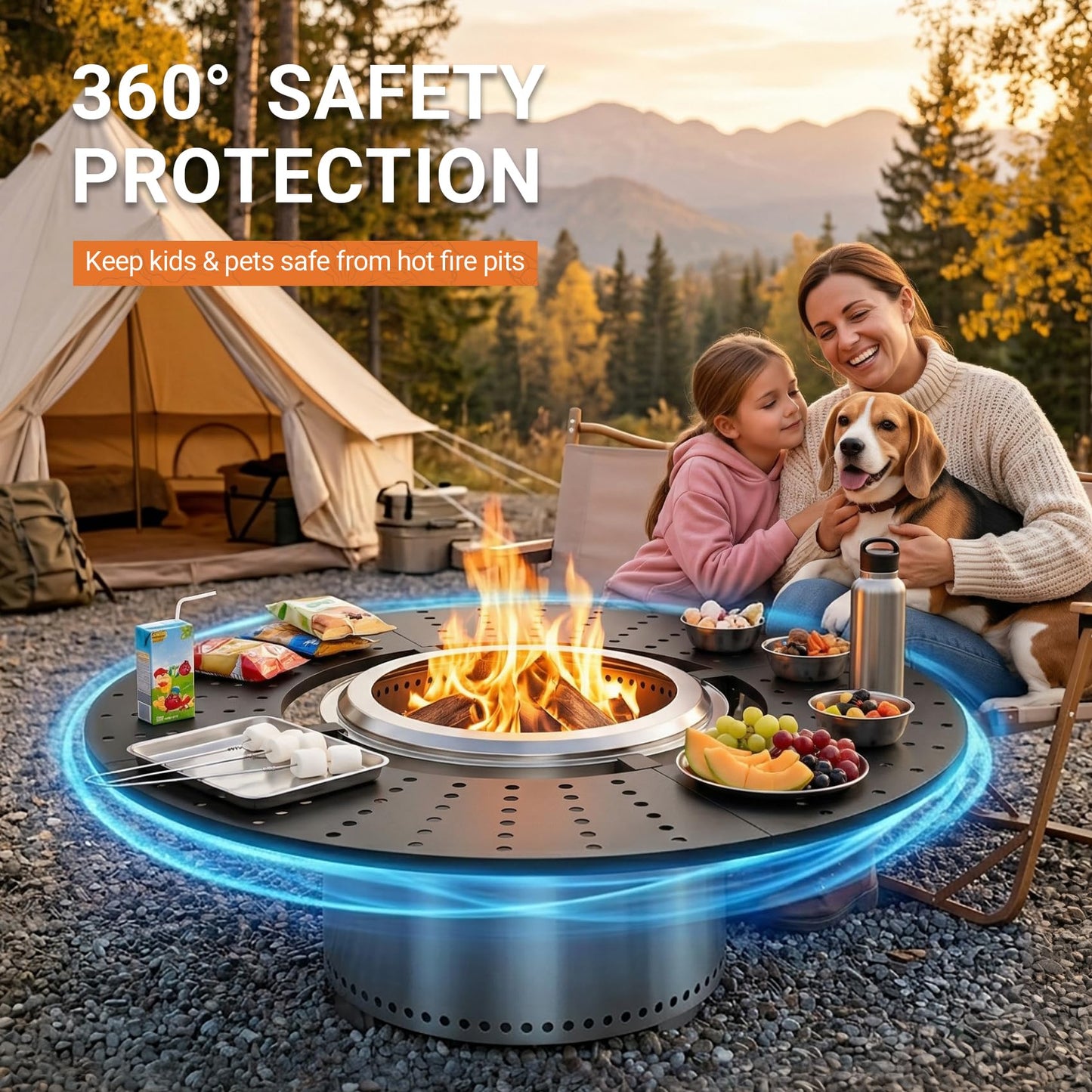 onlyfire Direct Mount Tabletop for Solo Stove Bonfire 19.5 inch Fire Pit, 40 inch Round Heat-Resistant Surround Tray, 4-Piece Modular Patio Snack Table for Drinks & Food, Solo Stove Accessories