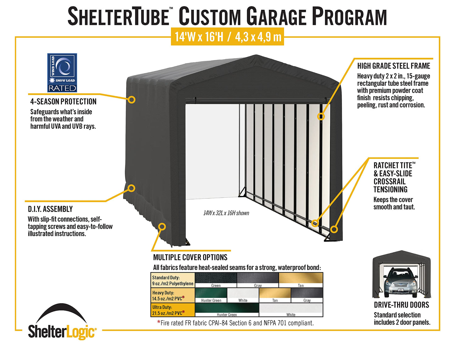 ShelterLogic ShelterTube Garage & Storage Shelter, 14' x 18' x 16' Heavy-Duty Steel Frame Wind and Snow-Load Rated Enclosure, Gray