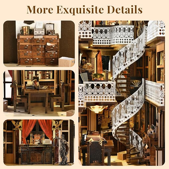 Book Nook Kit DIY Dollhouse Booknook Book Nook Miniature Kit for Bookshelf Insert Decor Crafts for Adults Teen Halloween 3D Wooden Puzzle with Led Light (Law Library)
