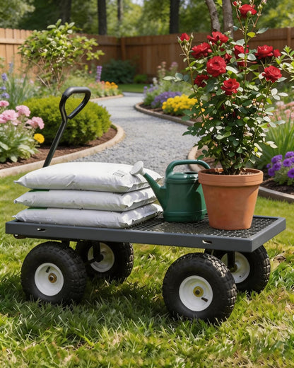 GarveeTech 800LBS Heavy Duty Steel Garden Cart, Garden Wagon Cart on Wheels, Metal Yard Utility Wagon with Removable Mesh Sides, 10" All Terrain Tires, 180° Rotating Handle for Lawn, Garden, Farm