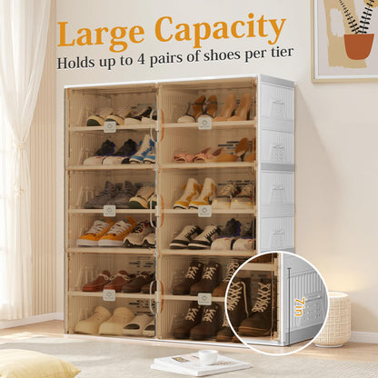 SPIEEK Foldable Shoe Rack Organizer for Entryway with Clear Magnetic Doors - Large Capacity Shoe Cabinet for Boots, Sneakers & All Shoes, Easy Assembly, White 4-Tier 16 Pairs