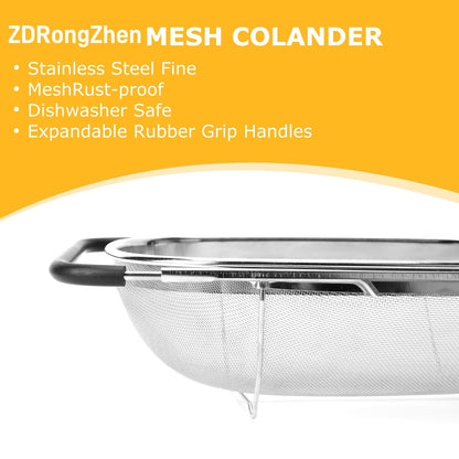 ZDRongZhen Kitchen Accessories Over the Sink Colander Strainer Basket，Stainless Steel Colander with Expandable Rubber Grip Sink Drainer-Rinse Vegetables Fruits &Strain&Drain (Large-Dense round hole)