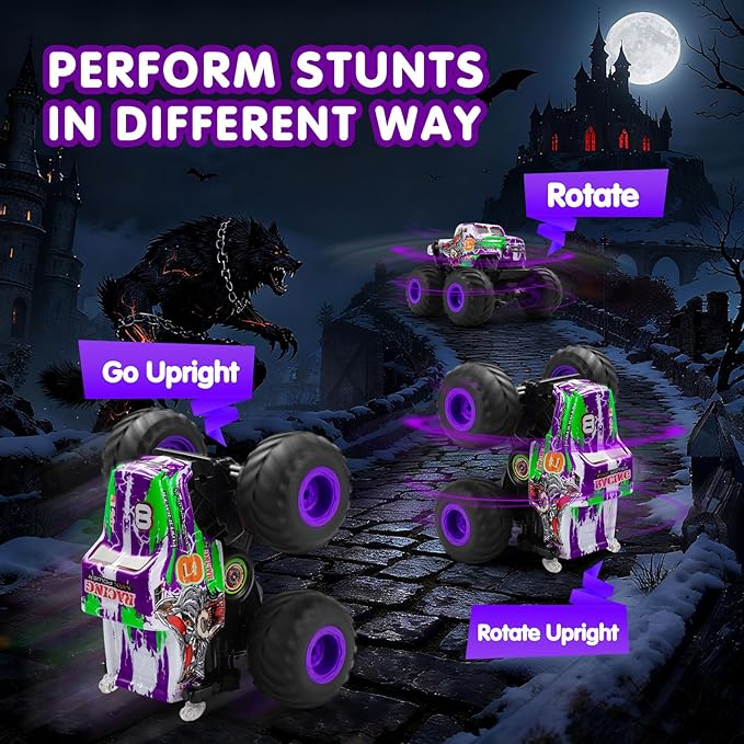 DYODYORC Remote Control Car 2.4Ghz All Terrain Monster Truck Toys RC Truck with Music 3 Lighting Effects 360 Stunt Capable 2 Batteries Ready to Run Toy Gifts for Boys and Girls (Purple)