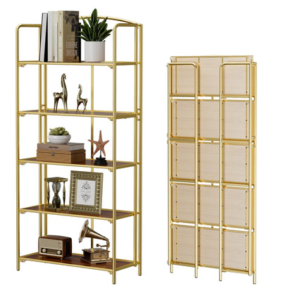 Crofy Folding Bookshelf for Living Room, 5 Tier Gold Collapsible Book Shelf for Home Office, Portable Bookcase Storage Organizer