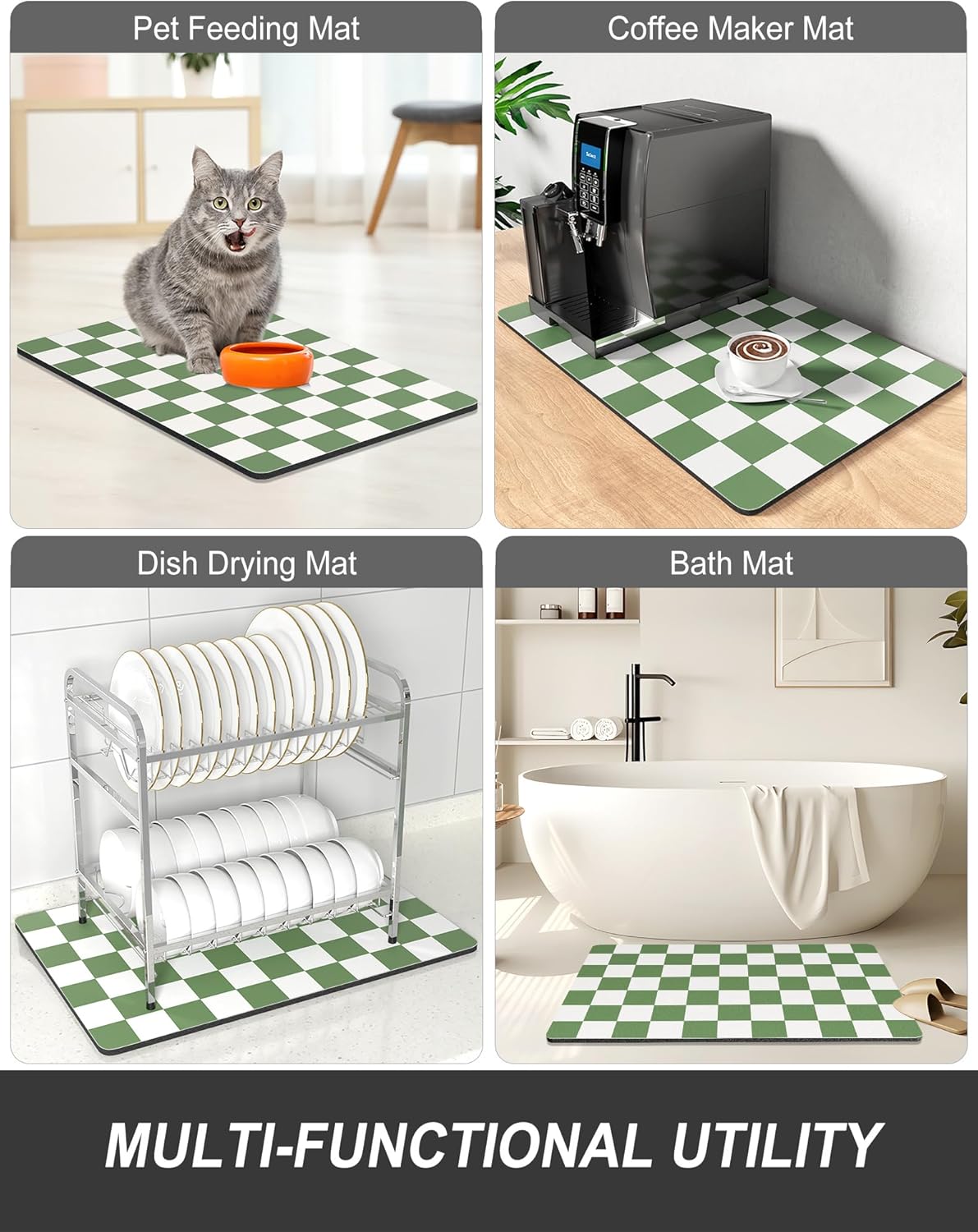 Rnivvi Dish Drying Mat - Absorbent Non-Slip Draining Pad for Kitchen Counter | 12 x 19 Inches, Green & White Checkered