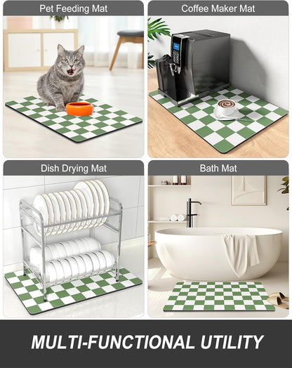 Rnivvi Dish Drying Mat - Absorbent Non-Slip Draining Pad for Kitchen Counter | 12 x 19 Inches, Green & White Checkered