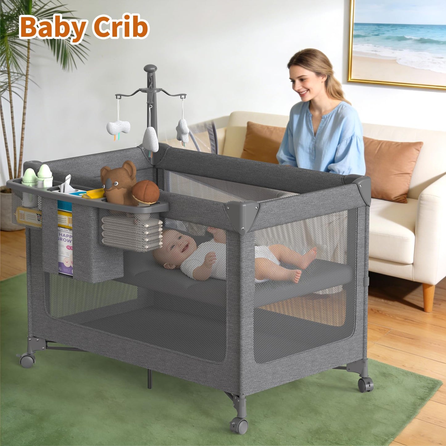 4 in 1 Baby Bassinet, Pack and Play with Mattress, Baby Crib with Wheels and Mosquito Net, Bedside Sleeper with Changing Pad, Portable Playpen Foldable Playard for Babies and Toddlers