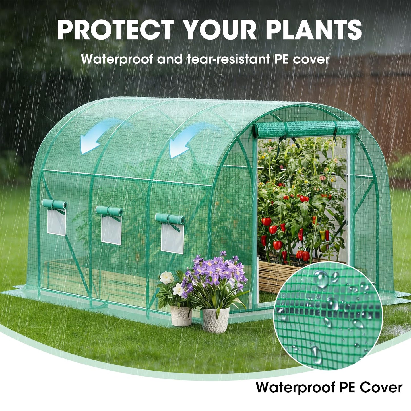 Grezone Walk-in Greenhouse Upgraded Green House with Dual Zippered Screen Doors & 6 Screen Windows Heavy Duty Plastic Plant Warm House with Reinforced Frame (10x7x7 FT)