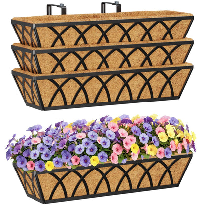 HFHOME 24 inch Railing Planter Box with Coco Liner, 24" Dia Window Box Trough with Coconut Coir Liners, Black Metal Hanging Flower Planter Basket for Indoor Outdoor Lawn - Set of 4