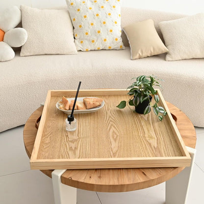 SwallowLiving 24 x 24 Inches Extra Large Square Wood Ottoman Tray with Leather Handles, Wooden Natural