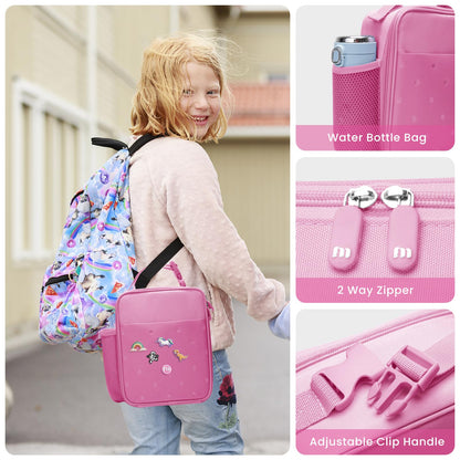 MEXS Lunch Box for Kids, DIY Charm ＆Insulated Lunch Bags for Boys Girls, Toddler Lunch Tote for School Picnic with Water Bottle Holder, Ideal for Ages 3+ (Unicorn/Dinosaur)