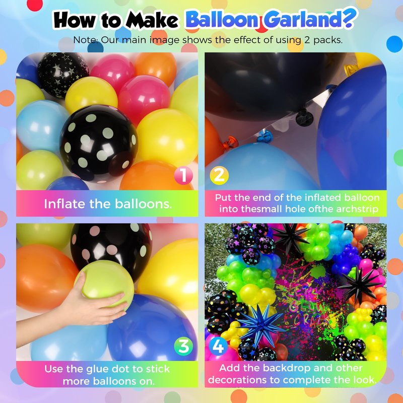 PTGOLUO 185Pcs Neon Balloons Arch Garland Kit with Glow in the Dark Balloons, Neon Balloons Arch Kit for Back to 80s 90s DISCO Birthday Party Decorations, Let's Glow Party, Rock Roll Party Supplies