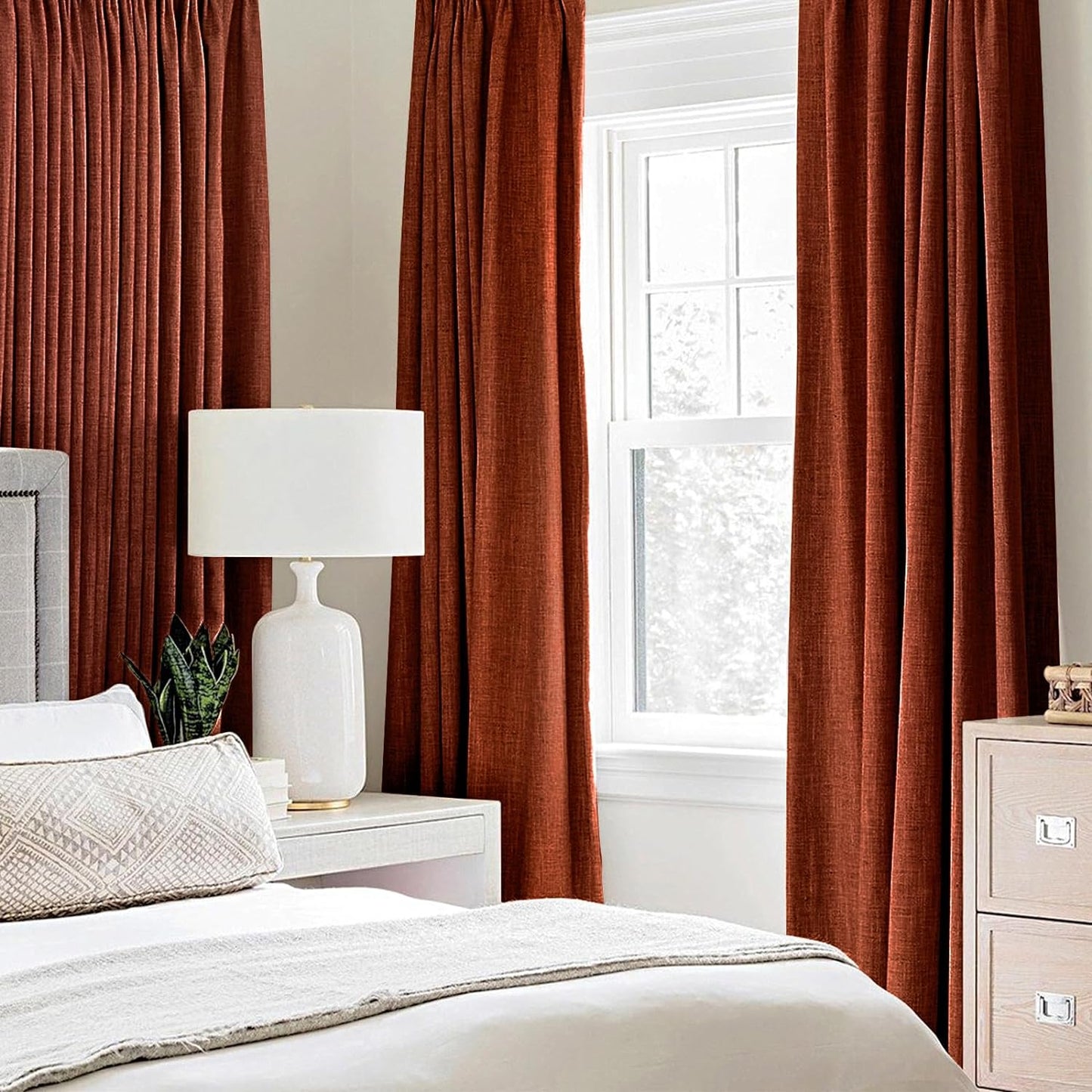 MIULEE Blackout Linen Curtains - Thermal Insulated Grommet Drapes in Burnt Orange | 52 x 90 Inch (2 Panels)