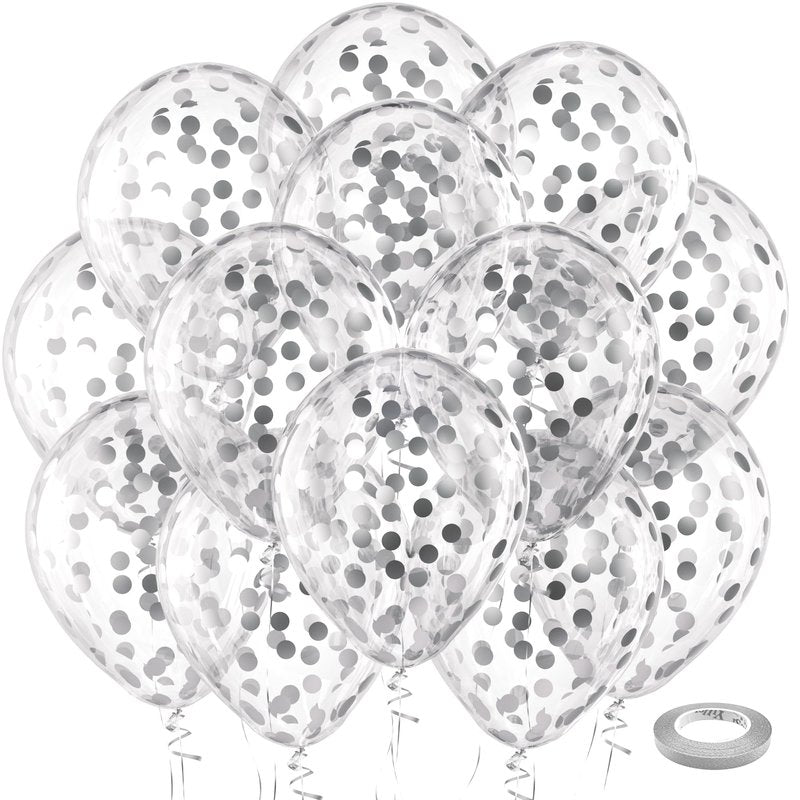 Bezente Silver Confetti Latex Party Balloons - 60 Pack 12 inch Helium Silver Confetti Glitter Balloons for Wedding Graduation Bridal Shower Birthday Engagement Party Decorations