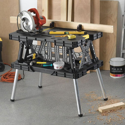 Keter Heavy-Duty Folding Workbench with 1,000 Pound Capacity - Foldable Work Table for Garage, Woodworking, and Outdoor Workshop with 12 Inch Adjustable Clamps