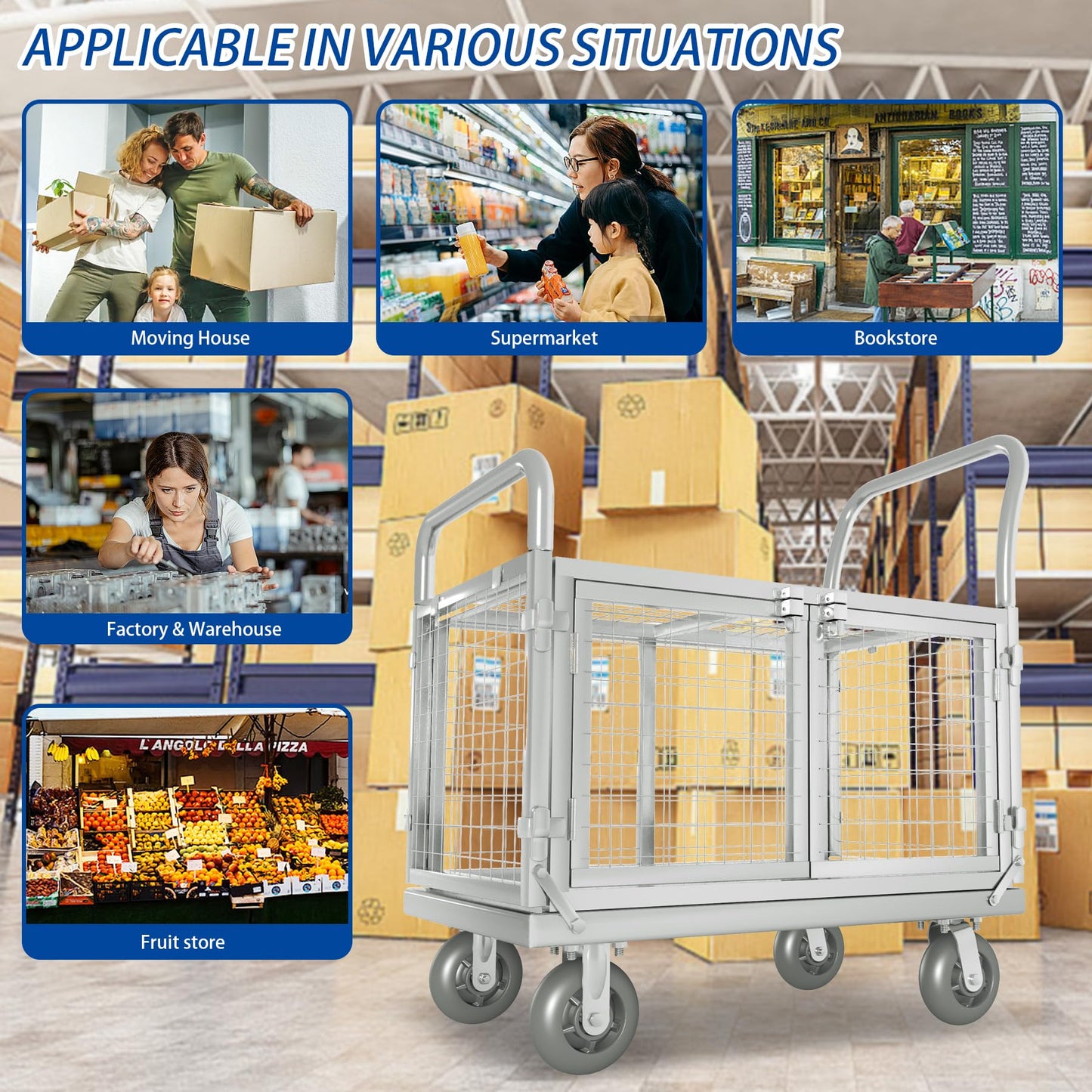 Upgrade Platform Truck with Cage, Mutipurpose 7-in-1 Heavy-Duty Utility Cart,2-Door Design Foldable Flatbed Cart with Industrail Wheels, Rmovable Fence, Load 2000lbs for Grocery/Laundry/Stall/Storage