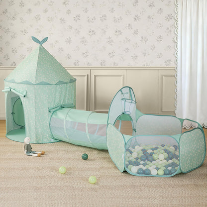 Tiny Land Kids Tent with Mat and Star Lights, 3-in-1 Kids Green Play Tunnel with Ball Pit & Tent